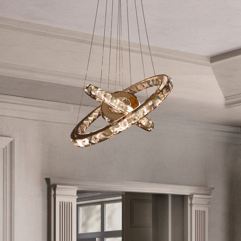 Bierly 4 - Modern LED Crystal Chandelier – Adjustable Stainless Steel Gold Ceiling Light with Rings, 30cm H x 80cm W x 80cm D