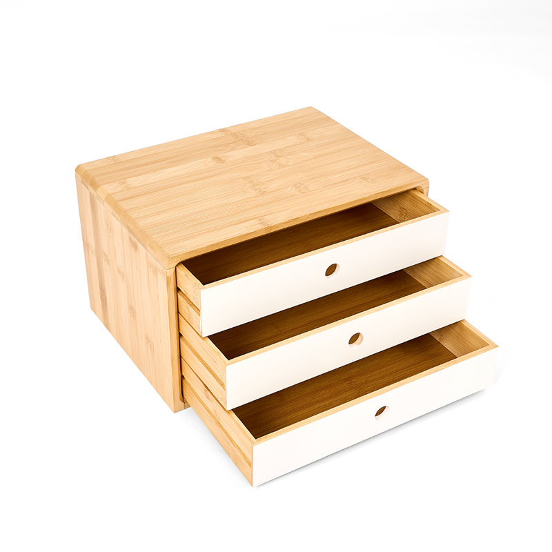 Boîte de rangement de bureau avec trois tiroirs en bambou Ostos, Blanc, bois, H 8,46 po x l 14,17 po x P 9,84 po