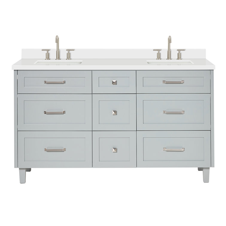 Ariel Monroe 61 Inch Double Rectangular Sink Bathroom Vanity With Pure White Quartz Countertop In White