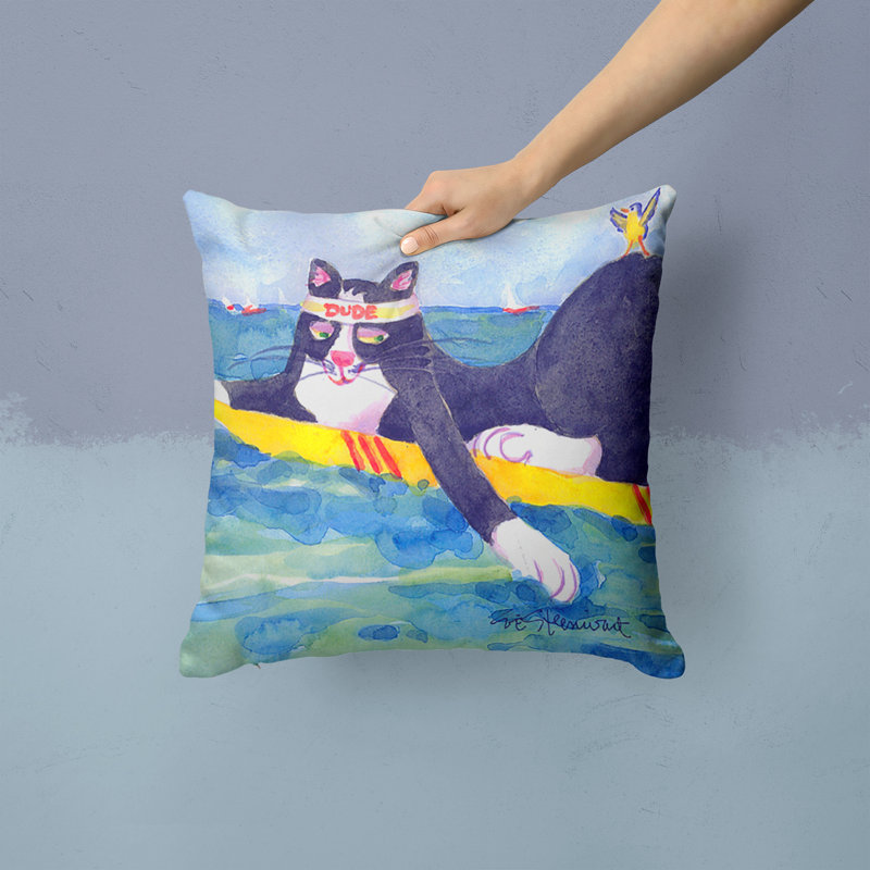 Coussin intérieur/extérieur noir et blanc pour chat surf dans un oiseau