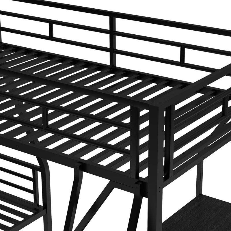 Lit simple superposé au dessus d'un lit double avec bureau, mezzanine en métal avec bureau d'apparence noire et pour un look captivant dans la chambre à coucher