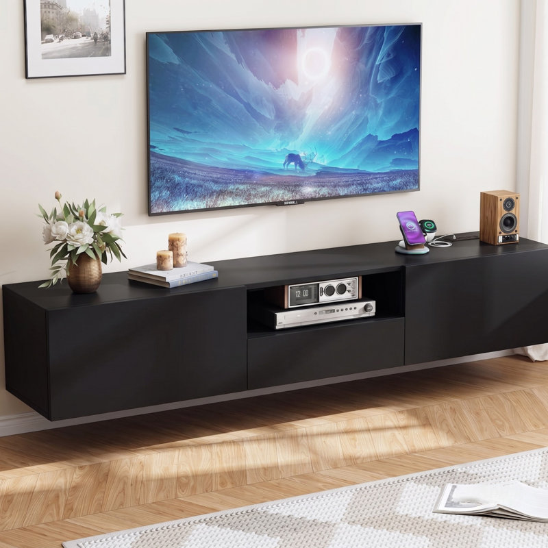 Waco 70'' Floating TV Media Console 2-Doors, Modern Wall-Mounted Wooden TV Stand Black, Black