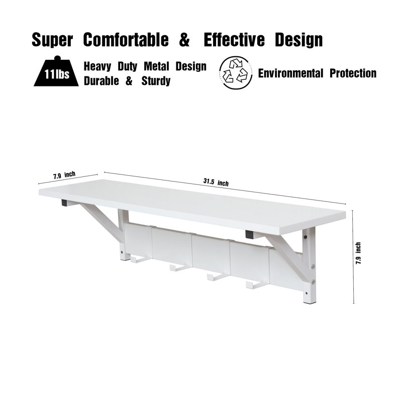 Ciardi Floating Shelf with Hooks - Wall Mounted Storage Shelf, Space Saving Organizer, 1, White