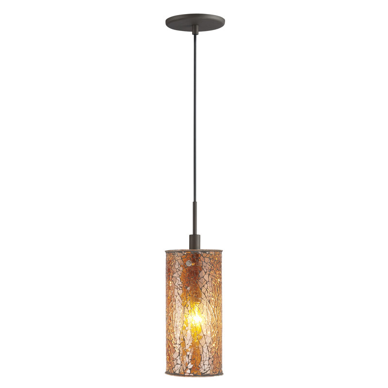 1 - Light Single Pendant, Mosaic Amber Glass, Bronze