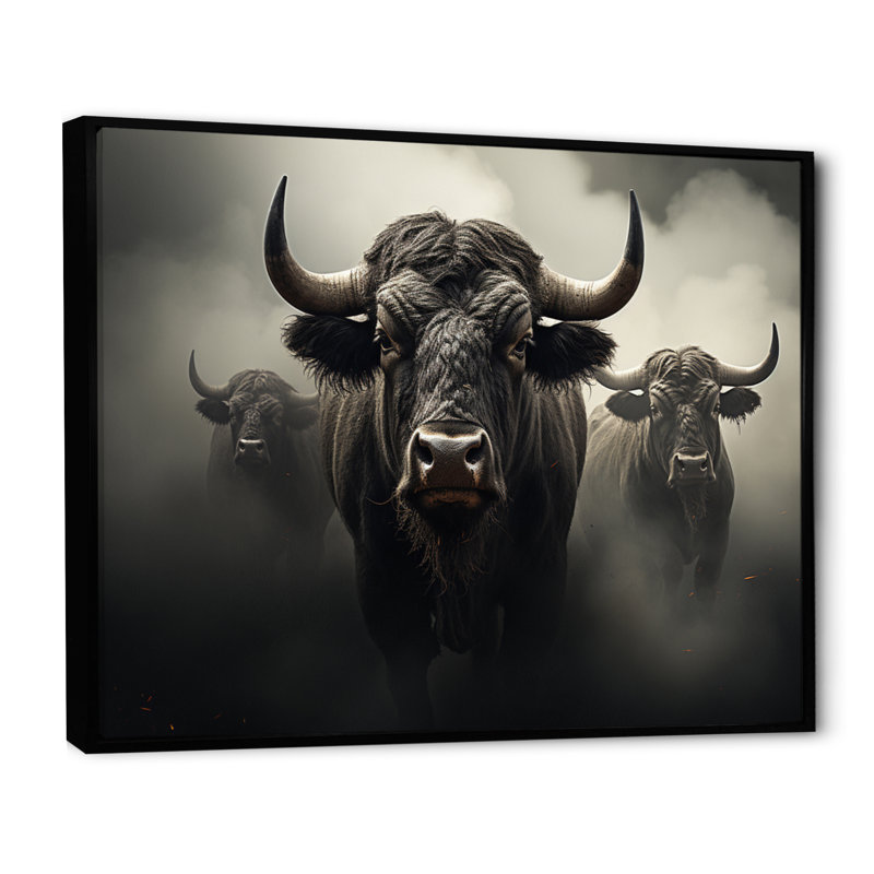 Gray Buffalo Gentle Guardians II, reproduction d'art sur toile, 34" H x 44" W, Cadre flottant noir