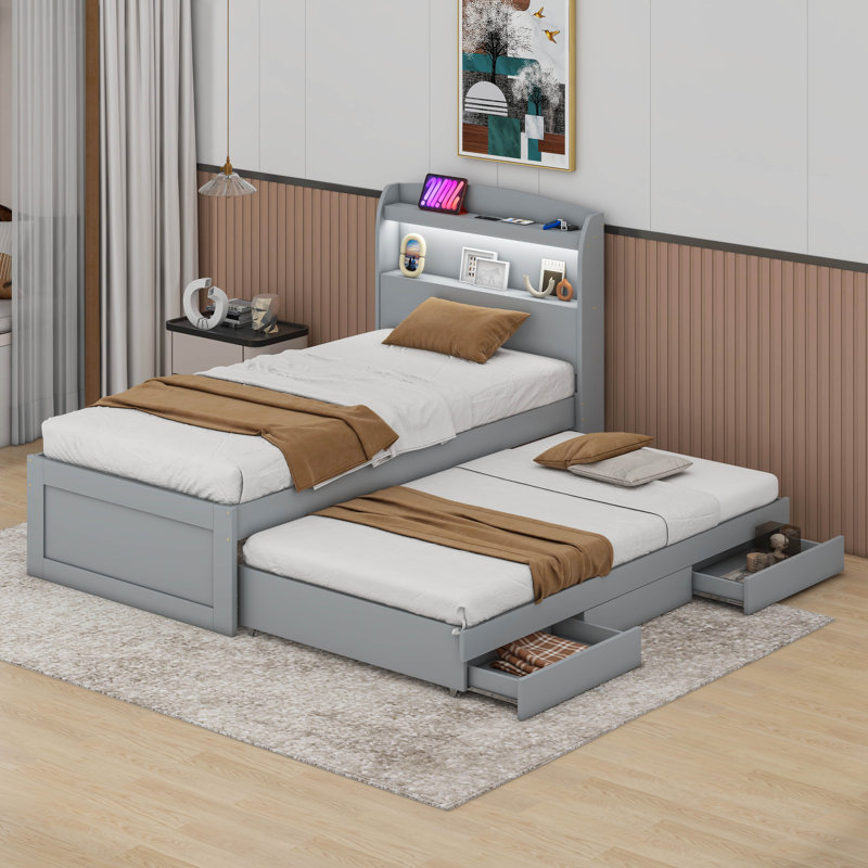 Twin XL Size Platform Bed with LED Headboard, Charging Station, Twin Size Trundle and 2 Drawers, Grey