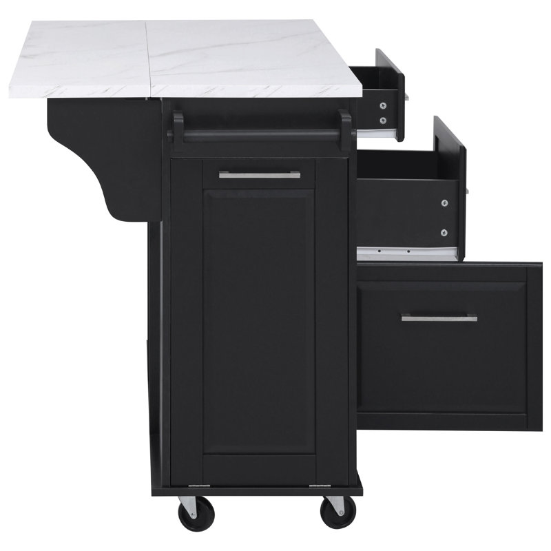 Îlot de cuisine 50,7 po avec comptoir rabattable, armoire à ordures inclinable cachée, rangement coulissant, 2 tiroirs et rangement pour porte