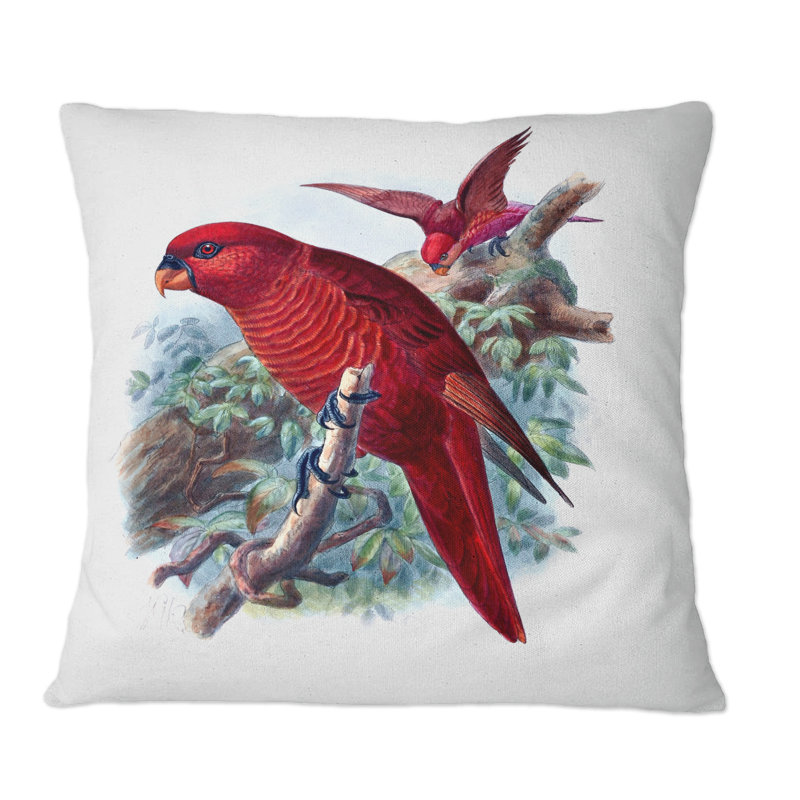 Perroquet rouge sur une branche dans la jungle - Coussin décoratif à imprimé traditionnel, 16 po x 16 po