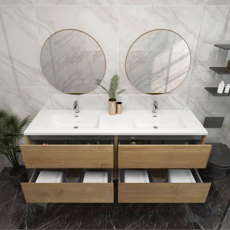 71.5'' Double Bathroom Vanity with Acrylic Top, Teak Oak