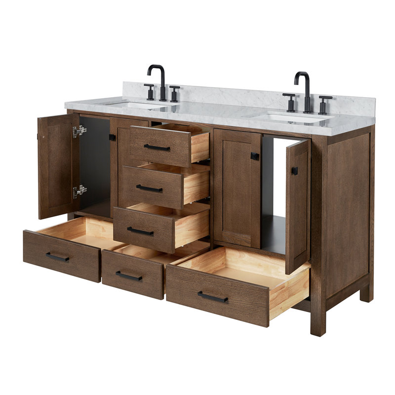 Ensemble de meuble-lavabo double 61 po Grevera, Chêne brun / noir mat, Forme rectangulaire