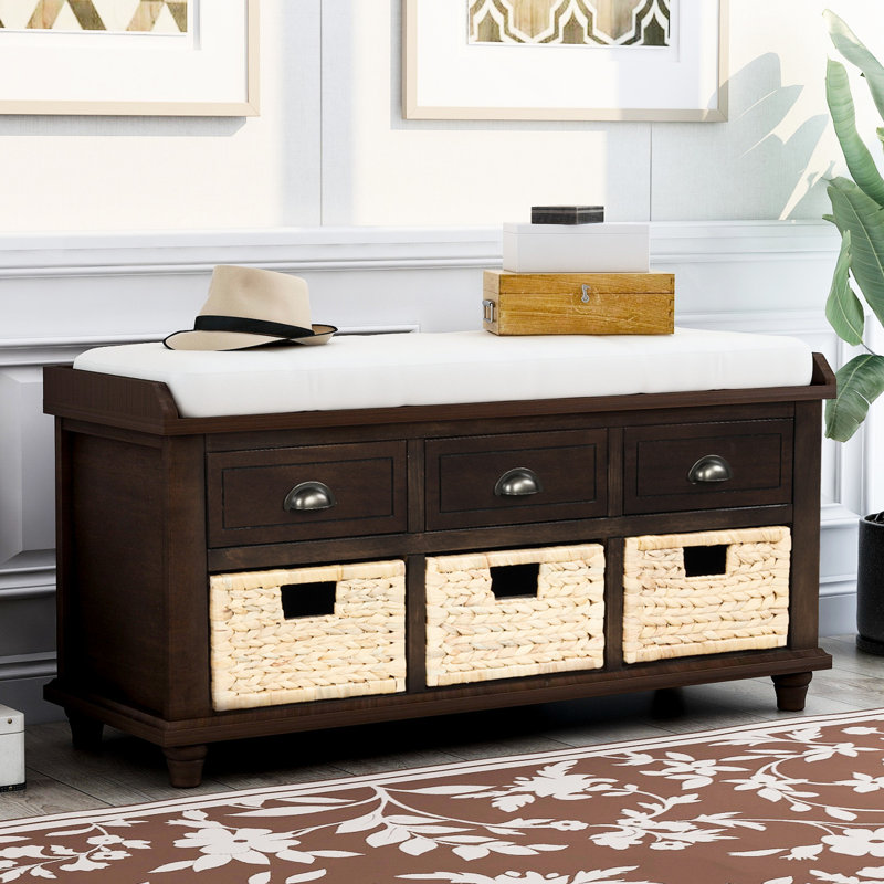 Banc de salon avec 3 tiroirs et rangement tissé, Espresso