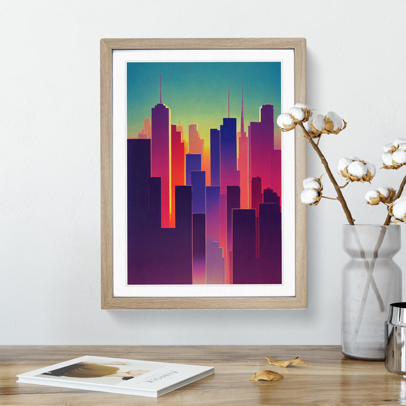 Bright City Skyline Abstract - Wall Art, 36cm H x 27cm W x 2cm D, Oak Framed, White