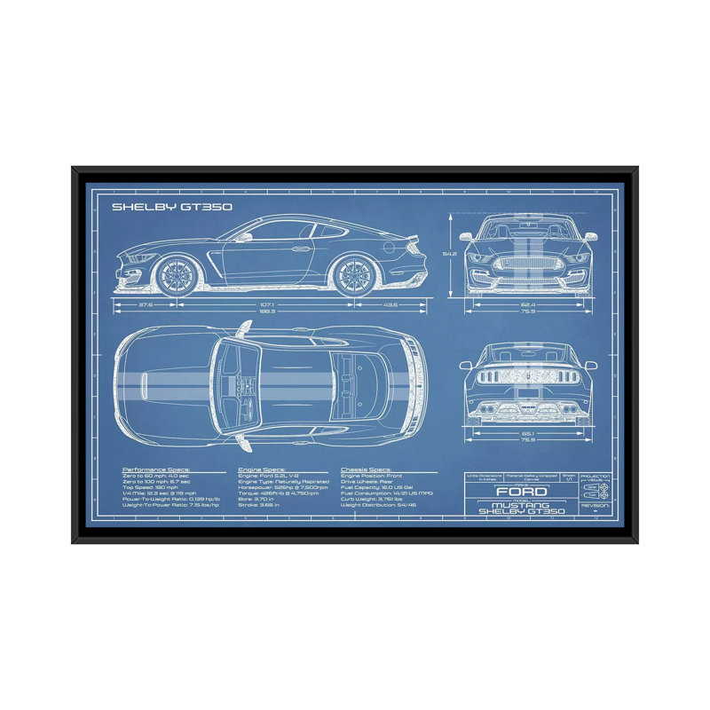 GT350 Shelby (2015-2019) Blueprint-impression de dessin, H 18 po x l 26 po x P 1,5 po, Toile avec cadre noir, Pas de tapis