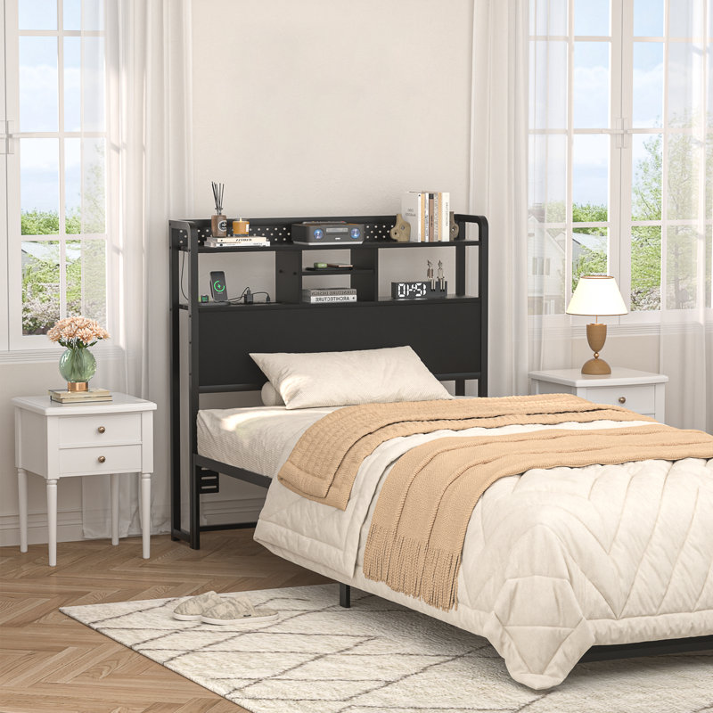 Miljenko Headboard with Led Lights & Charging Station, Twin, Black