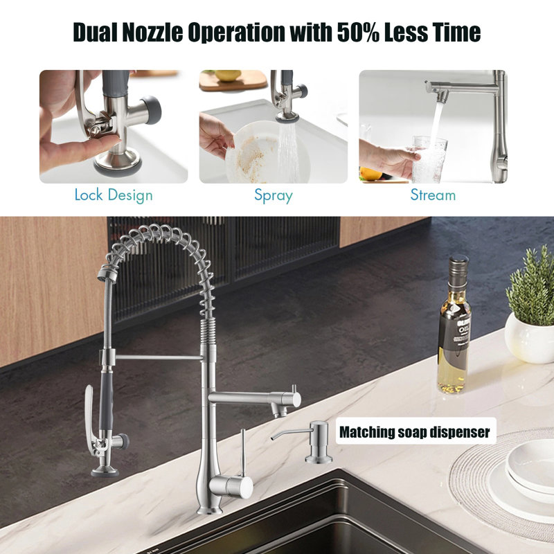 Double-Headed Single-Handle High-Pressure Kitchen Faucet, With Pull-Down Sprayer And Soap Dispenser., Brushed Nickel
