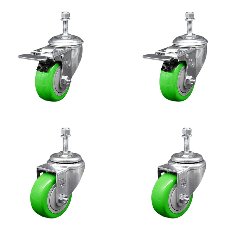 Ensemble de roulettes à tige filetée en polyuréthane 3,5 pouces 3,5 pouces vert