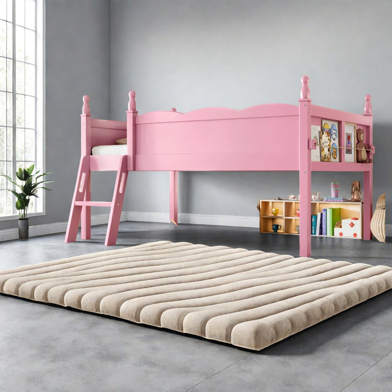 Lit mezzanine bas sécuritaire avec rangement, chambre d'enfant moderne en bois aggloméré rose