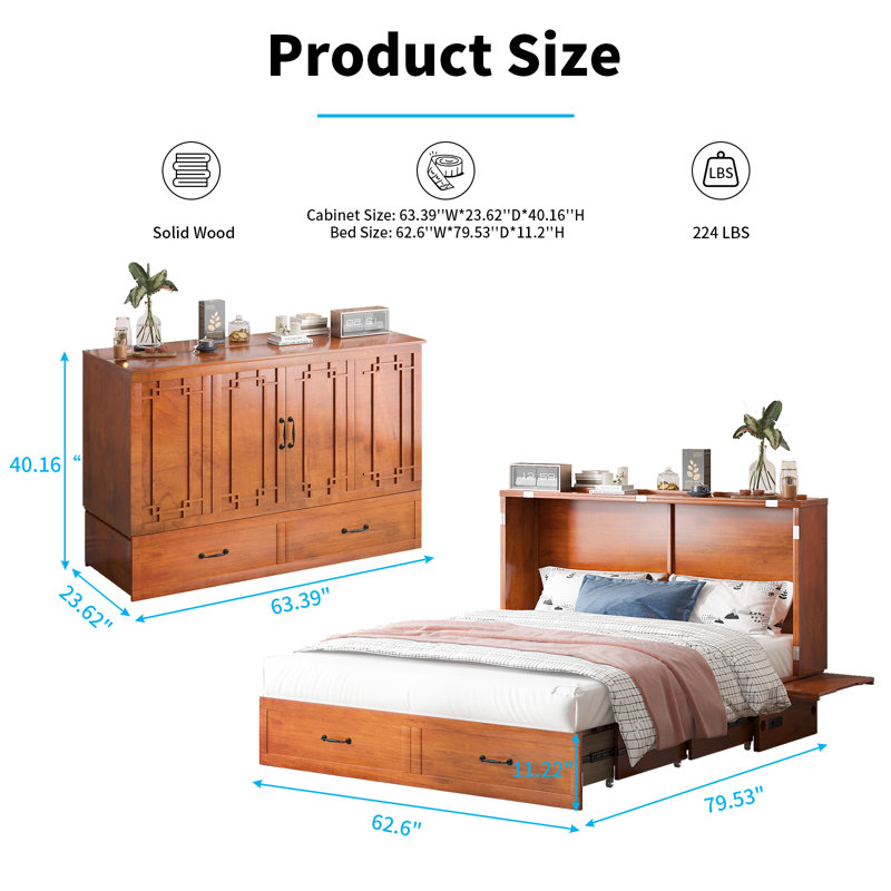 Queen Murphy Bed With Large Storage Drawer & Charging Station, Cherry, Cherry
