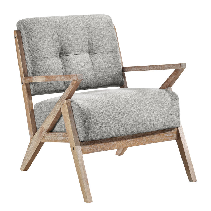 Chaise d'appoint en gris, structure en bois massif, hauteur des accoudoirs de 23 po, fabrication en bois d'hévéa de hauteur de 32,17 po, coussins de siège, profondeur de 22 po, largeur de 32,5 po, rustique moderne