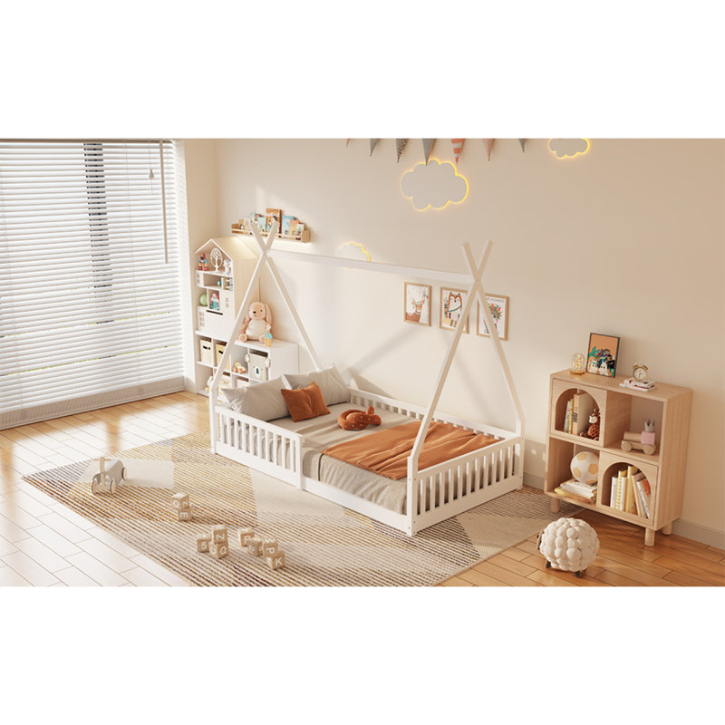 Lit simple en bois avec clôture, blanc, Blanc