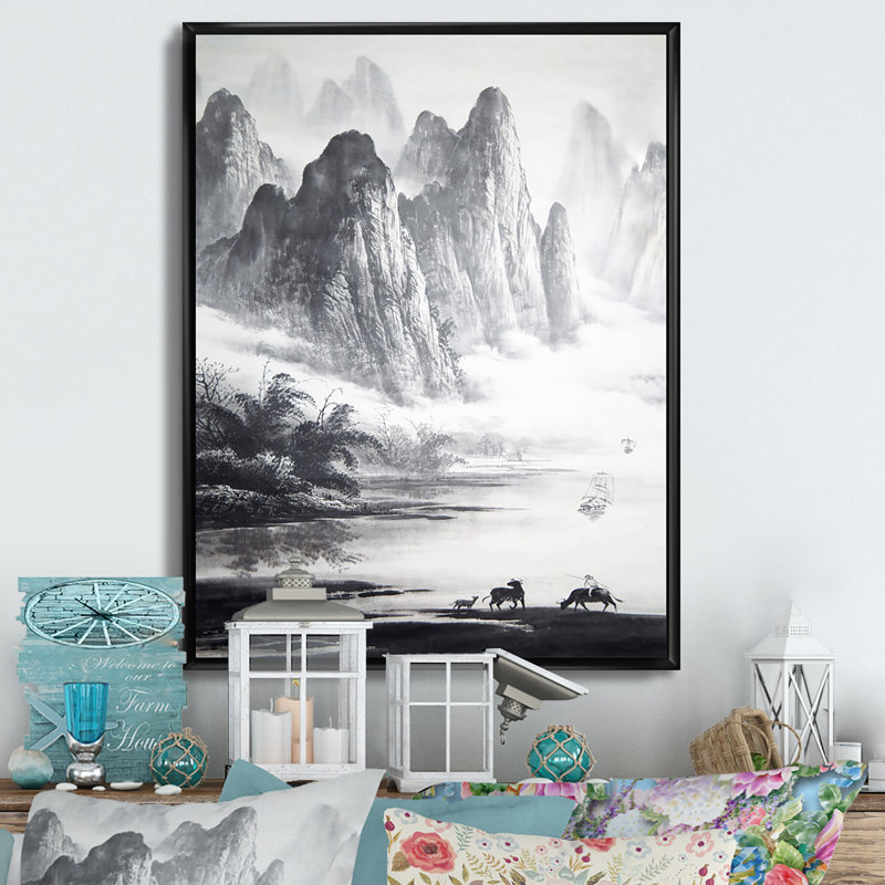 Peinture traditionnelle chinoise, paysage, H 32 po x l 16 po, Toile avec cadre flottant noir