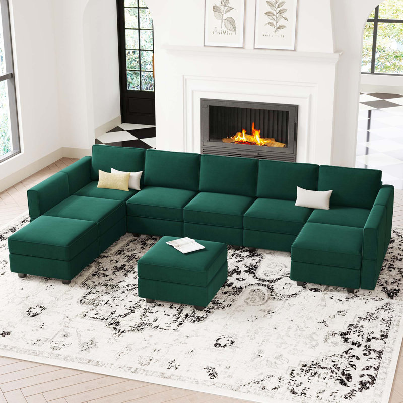 Teangela 116.6'' Variable Sectional U Shape Couch Module Velvet Sofa Bed with Storage Seat Ottoman, Green Velvet
