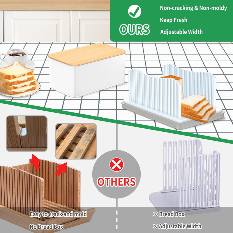 Trancheuse à pain pour pain fait maison avec boîte à pain, coupe-pain pliable avec plateau à miettes, guide de tranchage de pain à largeur réglable pour miches, sandwichs, bagels et gâteaux