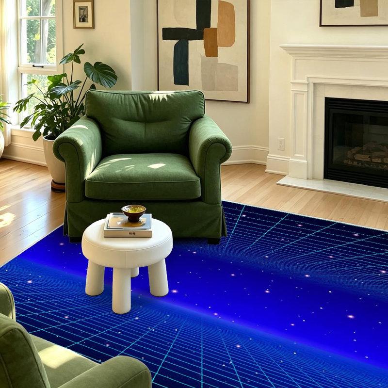 Tapis d'intérieur bleu néon avec grille et étoiles lavable à la machine, Rectangle 55" x 79"