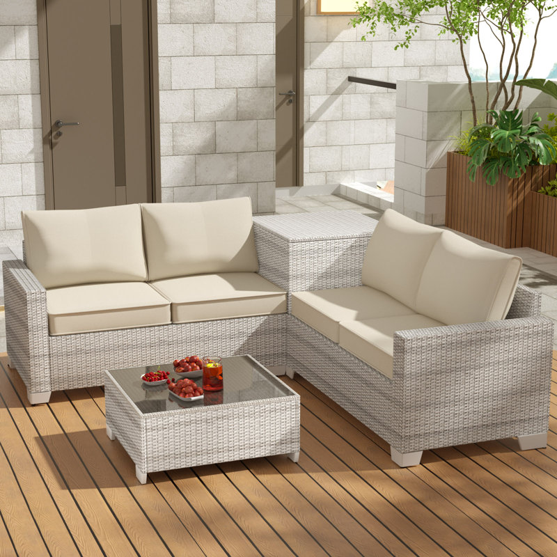 Causeuse 4 pièces en osier avec grande boîte de rangement et table intégrée en verre 4 pièces, Beige, Blanc
