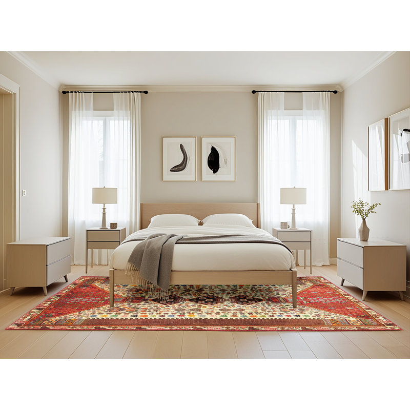Tapis traditionnel rouge / jaune Hendy, Rectangle 5 pi x 8 pi