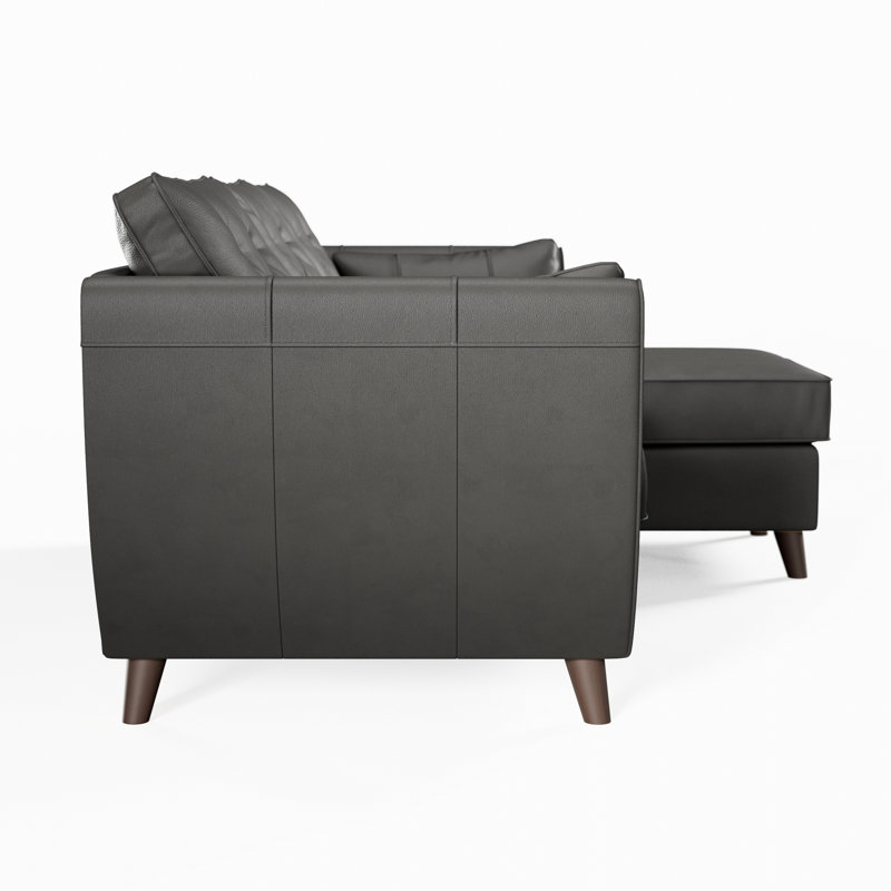 Hoxton 3 Seater Leather Maxi Sofa Chaise, Raven, Dark Wood, Right Hand Facing