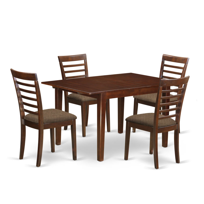 5 Piece Kitchen Table Set for 4 Includes a Rectangle Dining Room Table with Butterfly Leaf and 4 Linen Fabric Chairs, Mahogany