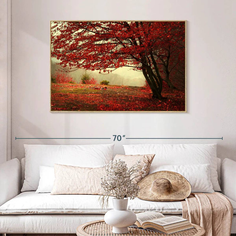 Arbre rouge en automne, Cadre flottant en bois naturel, 46 po x 31 po