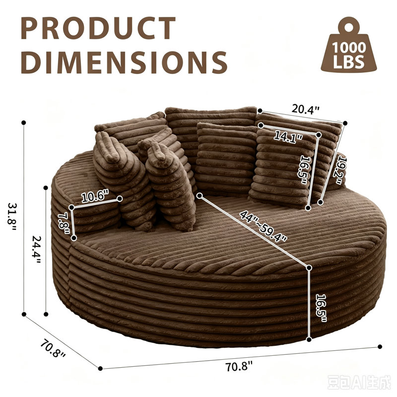 Fauteuil d'appoint rond surdimensionné de 180 cm, fauteuil lounge Cloud en velours côtelé avec coussins de dossier moelleux, fauteuil-lit une place extra large pour salon ou chambre à coucher