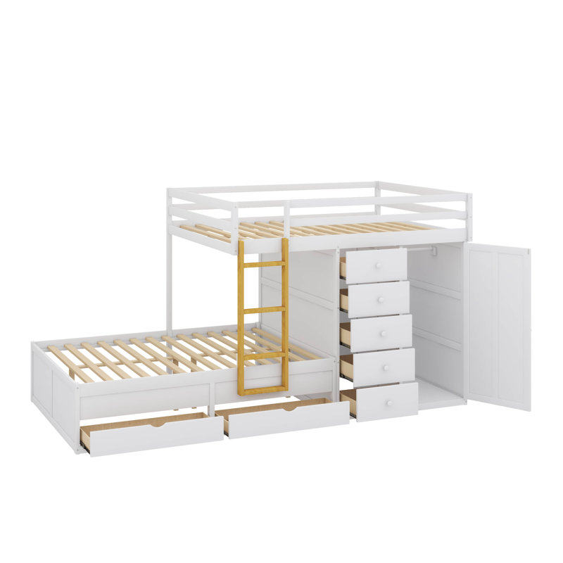 Lit superposé double avec 7 tiroirs de rangement et petite armoire, conception de rangement moderne, Blanc
