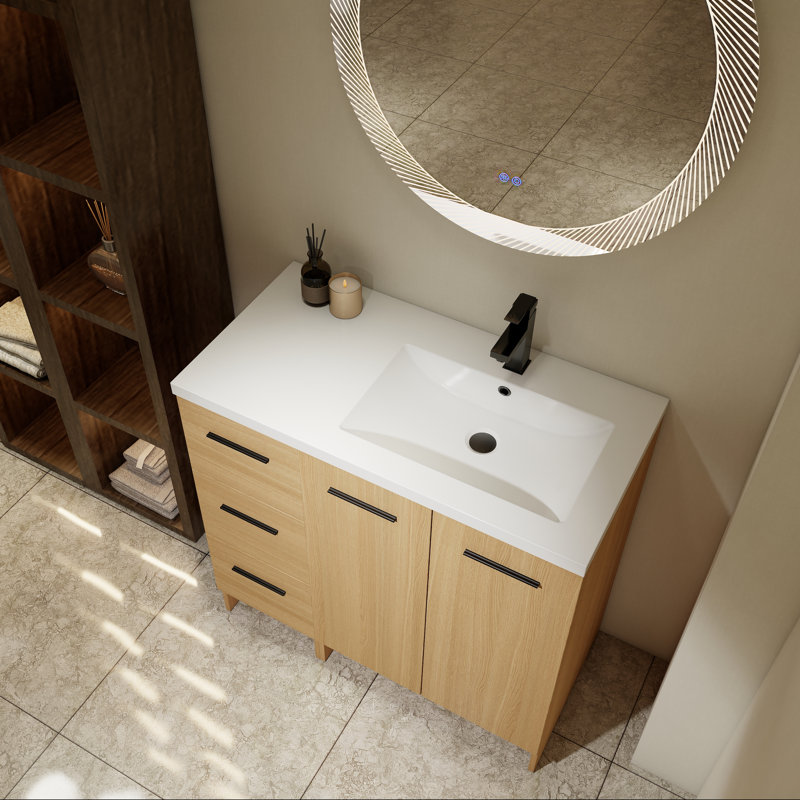 Meuble-lavabo sur pied 36 po avec lavabo droit en résine, deux portes et trois tiroirs