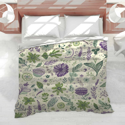 Purple Green Floral Illustration Comforter