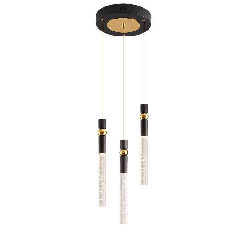 Luminaire suspendu en cristal à 3 lumières DEL, Noir / or