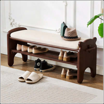 Banc à chaussures en bois massif, banc d'entrée en bois à 2 niveaux, range-chaussures moderne avec coussin en similicuir pour le couloir, le salon