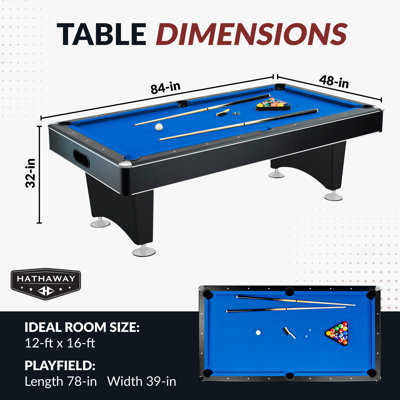Hathaway Hustler 7ft Pool Table for Game Room – Billiard Table with Poly-Coated Playfield, Ball Return System, Leg Levelers – Includes Cues, Pool Balls, Chalk, Triangle, Brush – Black & Blue