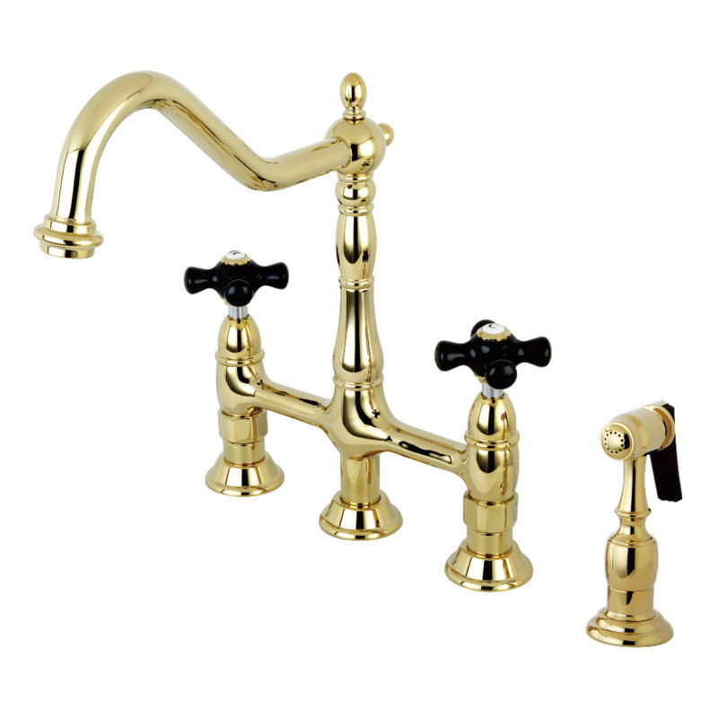 Kingston Brass Duchess Two-Handle 4-Hole Deck Mount Bridge Kitchen Faucet with Brass Side Sprayer, Polished Brass