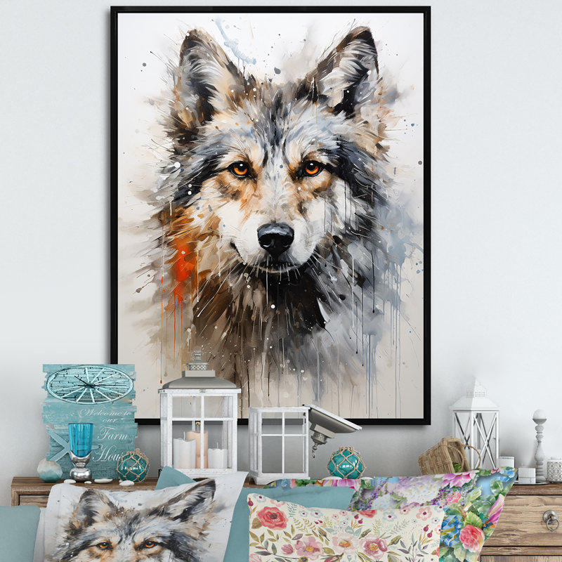 Portrait de loup curieux - décoration murale animal loup, H 20 po x l 12 po x P 1 po, Cadre flottant noir