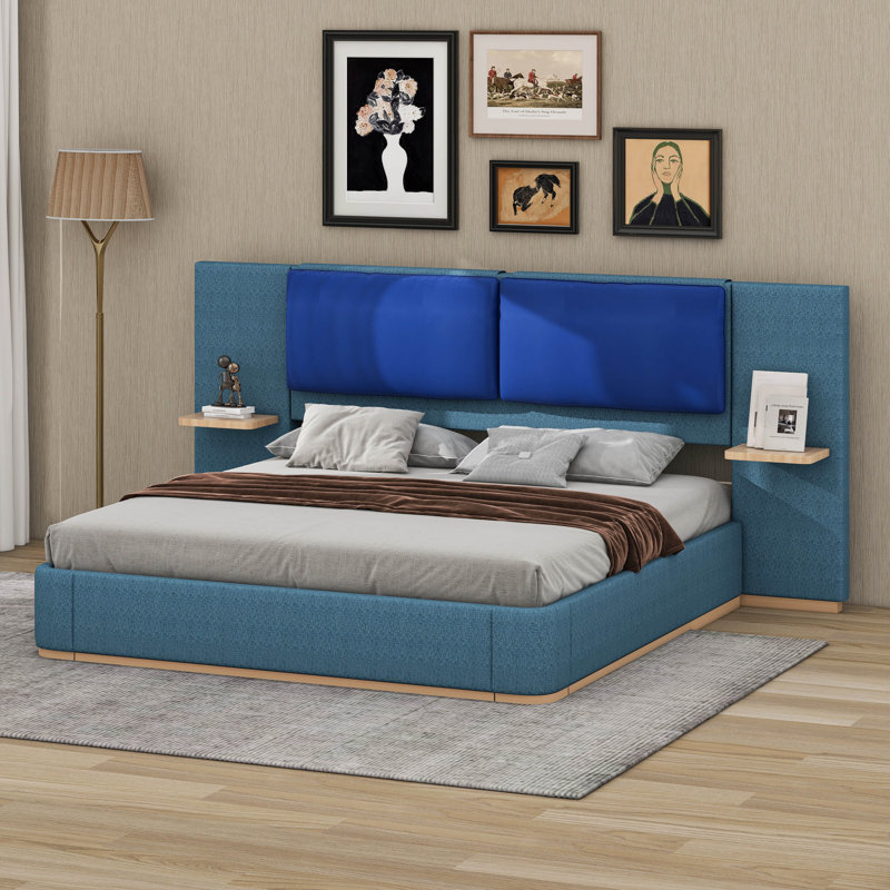 Lit plateforme tapissier avec panneau, coins arrondis doux anti-collision, Bleu, Grand