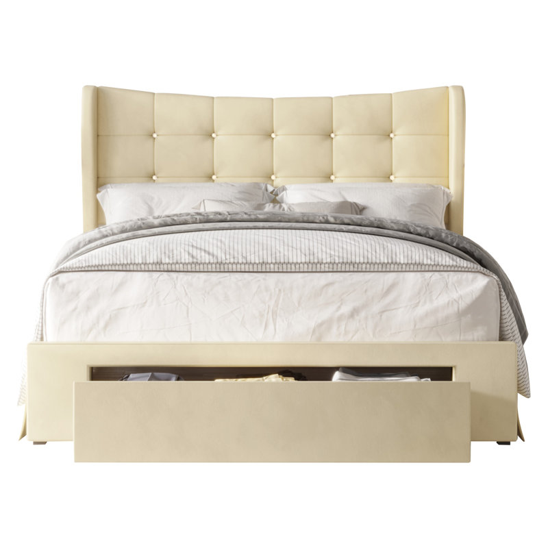 Culberson Upholstered Wingback Storage Bed, Beige, Queen