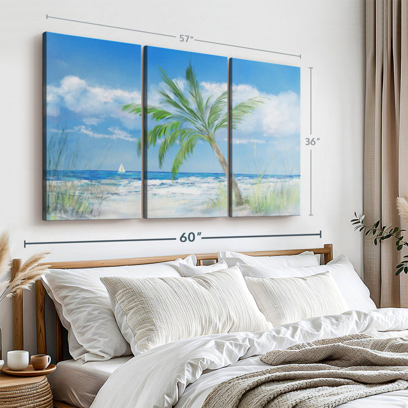 «Palm Tree Paradise», 3 pièces sur toile, H 36 po x l 57 po x P 1,25 po