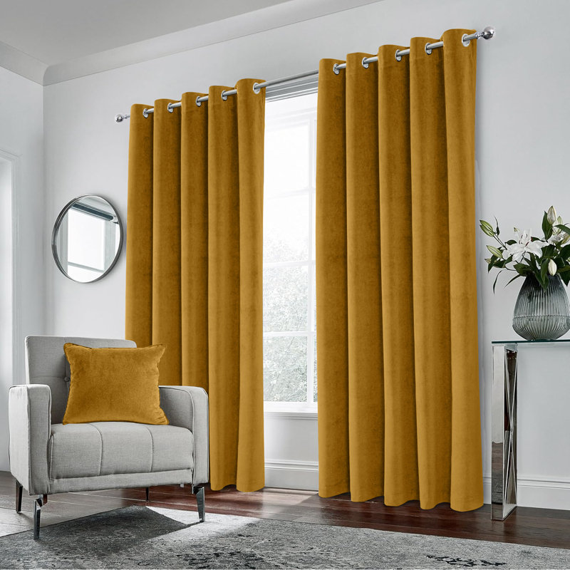 Pittsboro Crushed Velvet Eyelet Windows Panel Curtains, 228cm Width x 228cm Drop, Ochre