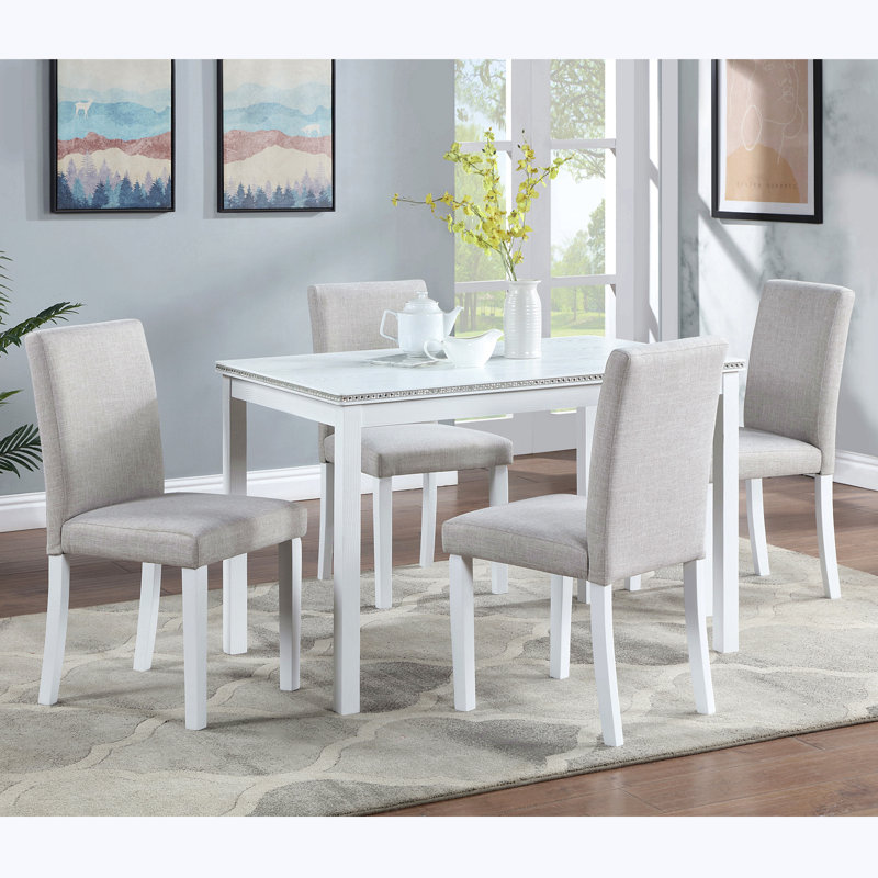 Ensemble de table de salle à manger en bois 5 pièces, ensemble de table de cuisine avec table rectangulaire et 4 chaises rembourrées, ensemble de table de salle à manger en bois avec décoration en cristal