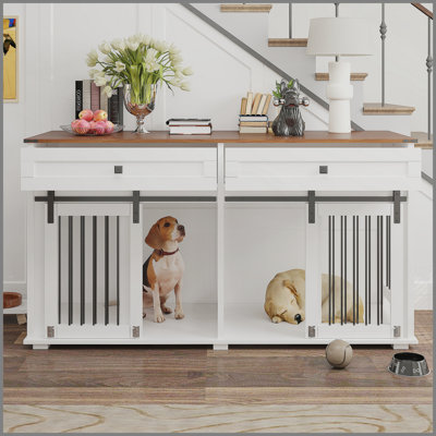 Mobilier de grande caisse pour chien 63 po pour chien double, chenil en bois pour chien avec 2 tiroirs, cloison et porte coulissante, cage double résistante à l'eau pour animaux de compagnie