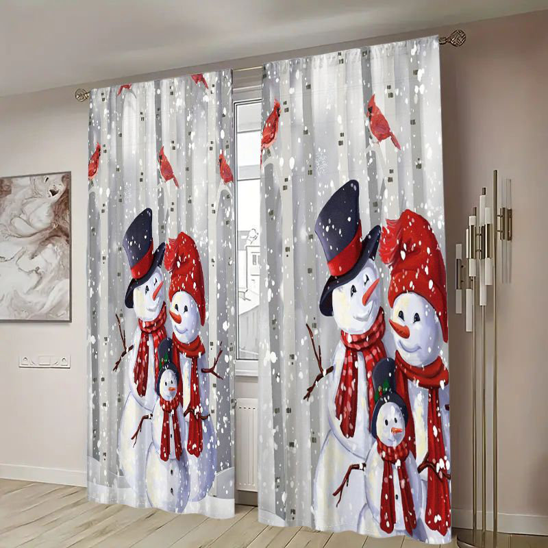 2Pcs Christmas Snowman Family Curtains Rod Pocket  Light Filtering Window Drapes with Red Cardinals Winter Design Holiday Treatments for Living Room Bedroom Kitchen Office Grey Snowflake Pattern Privacy