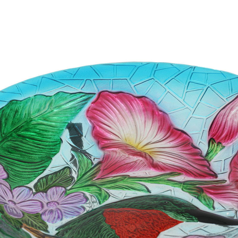Hummingbird Floral Glass Birdbath with Metal Stand